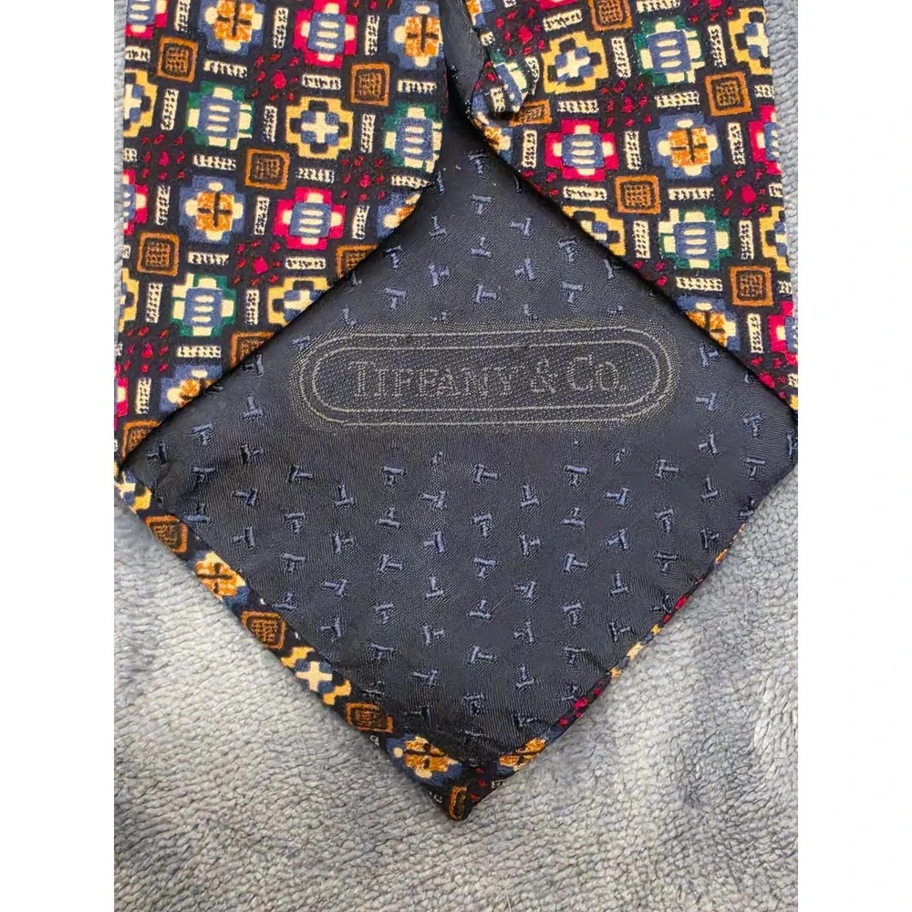 Tiffany & Co. Vintage 1986 Silk Tie Geometric Mosaic Pattern Navy Red Gold